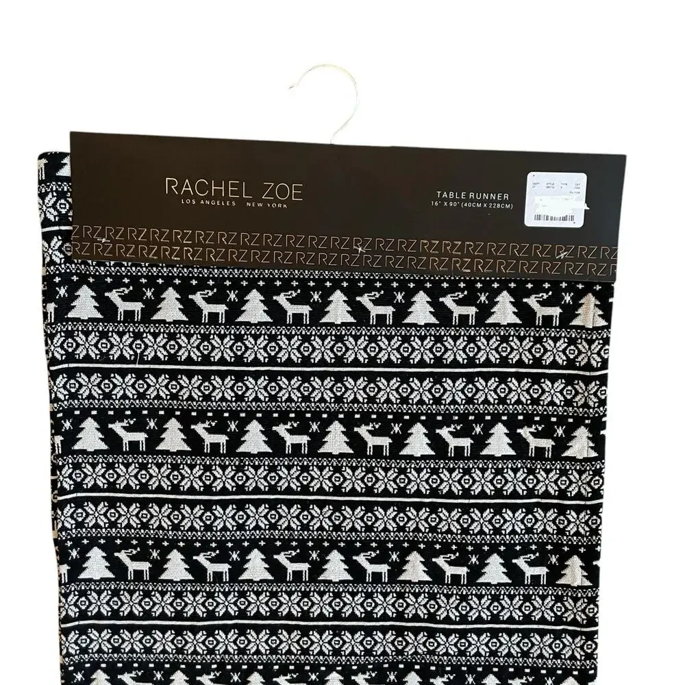 Rachel Zoe Christmas Tree Reindeer Table Runner 16x90 Holiday Black & White New